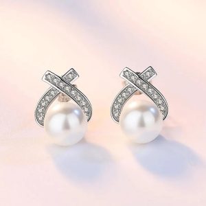 Silver Cross Pearl Stud Earrings