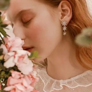 Silver Long CZ Flower Earrings