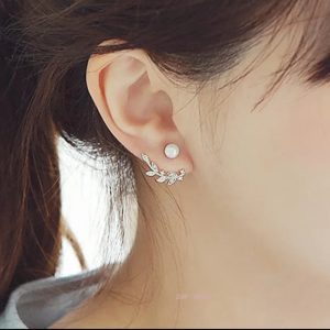 Silver Crystal Leaf Pearl Earrings