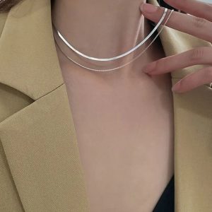 Silver Double Layer Snake and Box Chain Necklace.