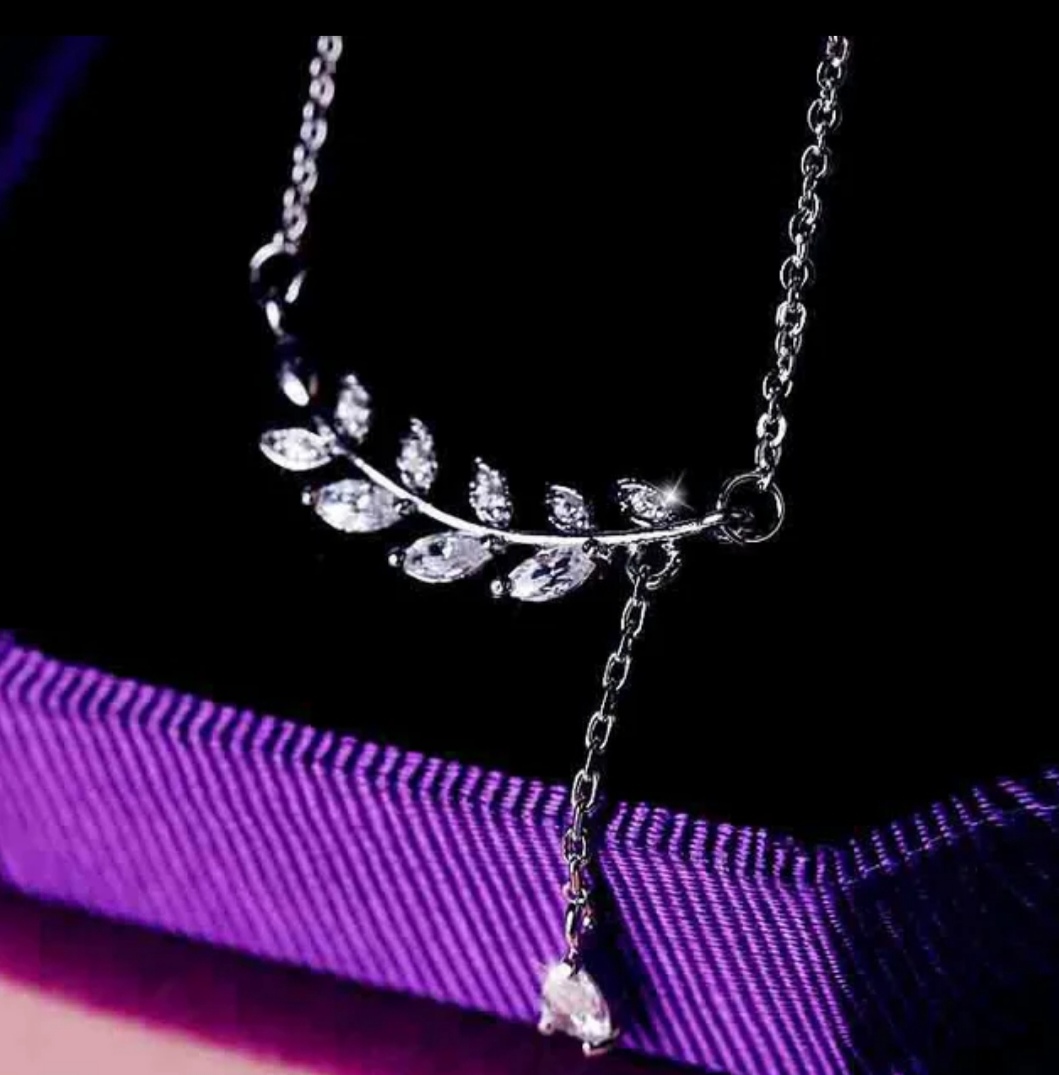Silver encrusted CZ Leaf Necklace.