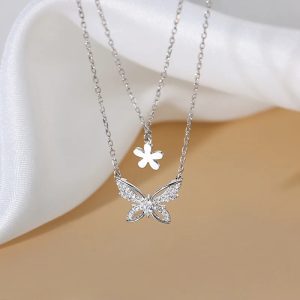 Silver Double Layer Butterfly and Flower Necklace