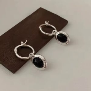 Silver Hanging Onyx Hoop Earrings