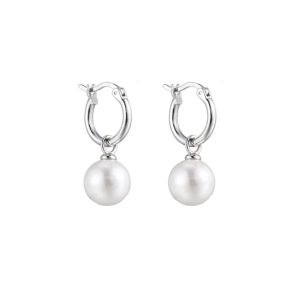 Silver Hanging Pearl Mobius Twist Hoop Earrings
