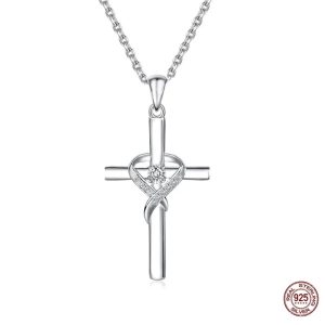 Silver CZ Heart Cross Necklace