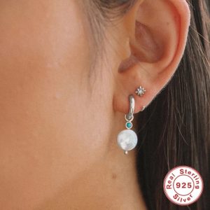 Silver Coin Pearl Hoop Earrings